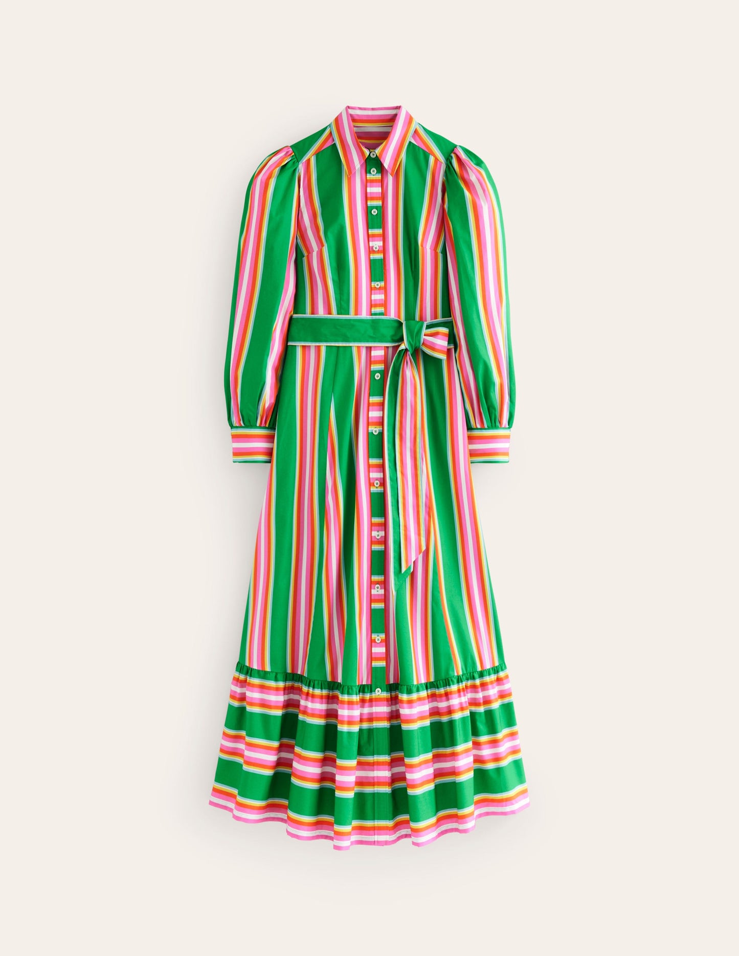 Cotton Midi Shirt Dress-Green Tambourine, Pink Stripe