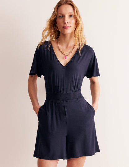 Smocked Jersey Playsuit-Navy