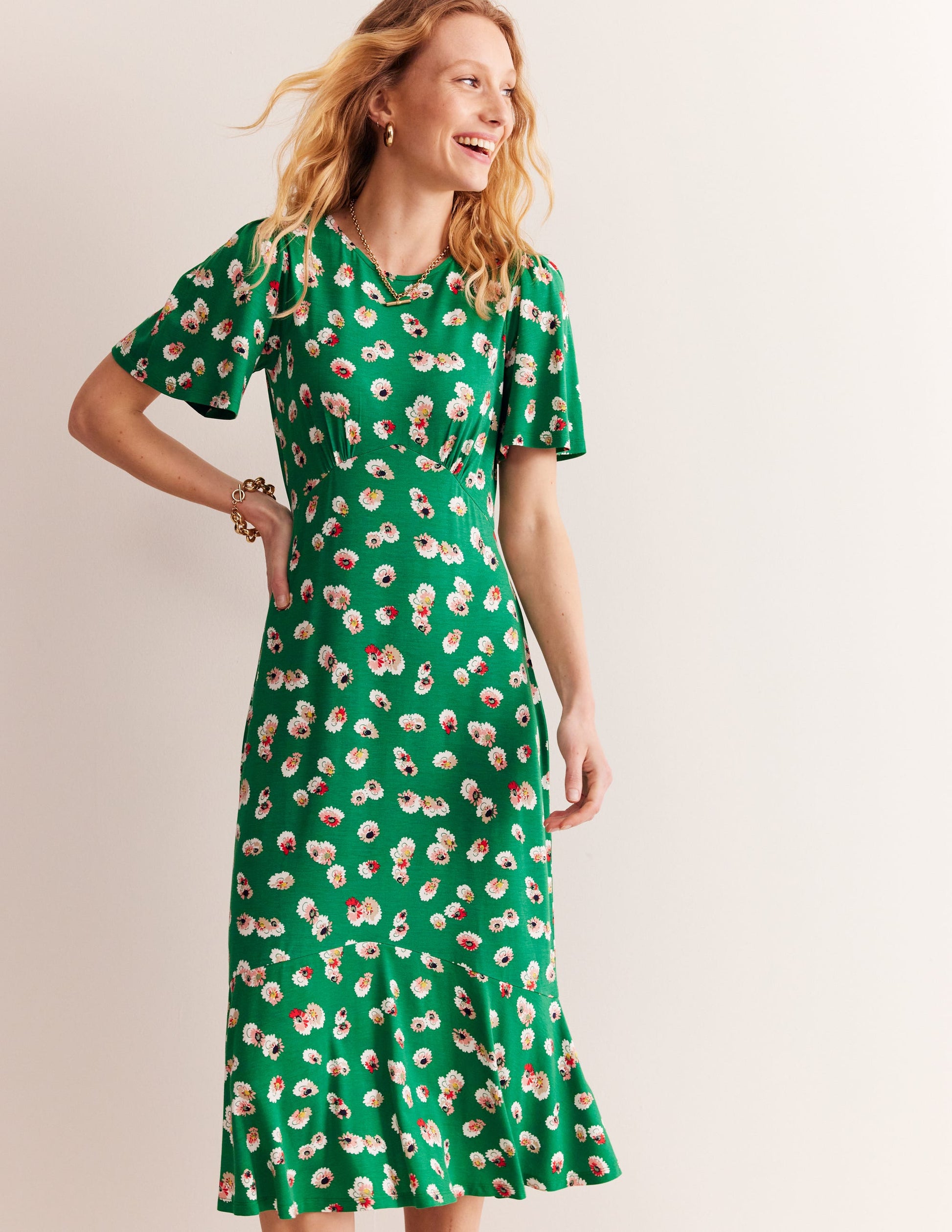 Felicity Jersey Midi Tea Dress-Green, Botanical Petal-1