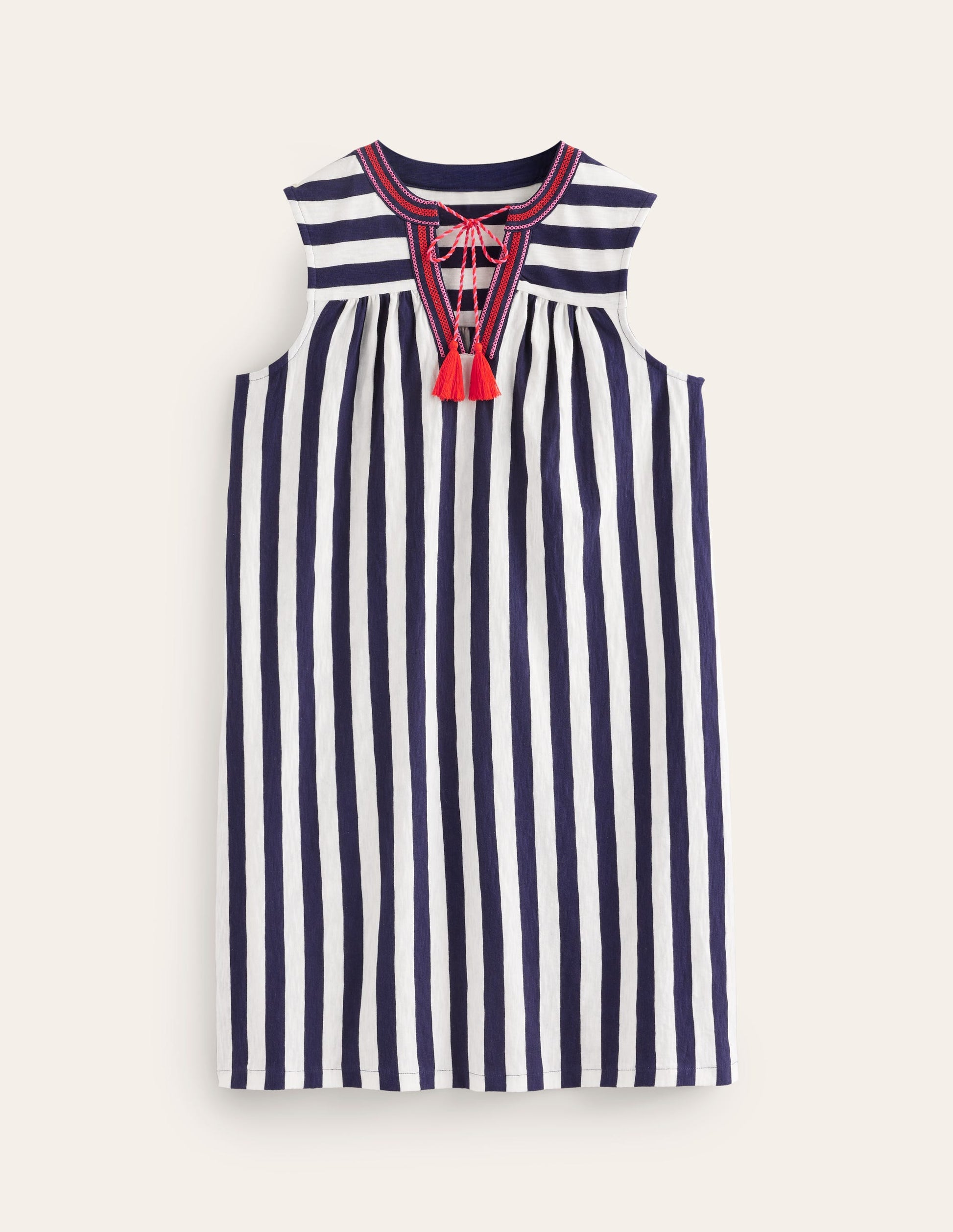 Nadine Notch Cotton Dress-Navy, Ivory Stripe-5