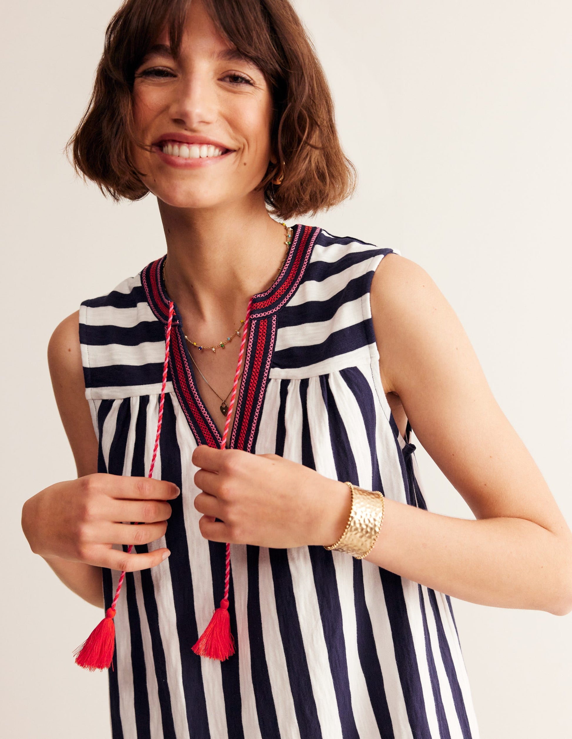 Nadine Notch Cotton Dress-Navy, Ivory Stripe-1