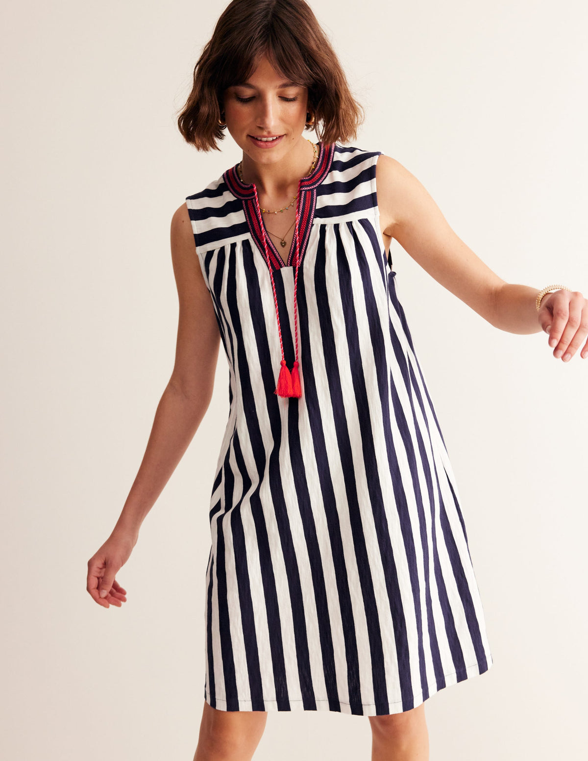 Nadine Notch Cotton Dress-Navy, Ivory Stripe - Image 2
