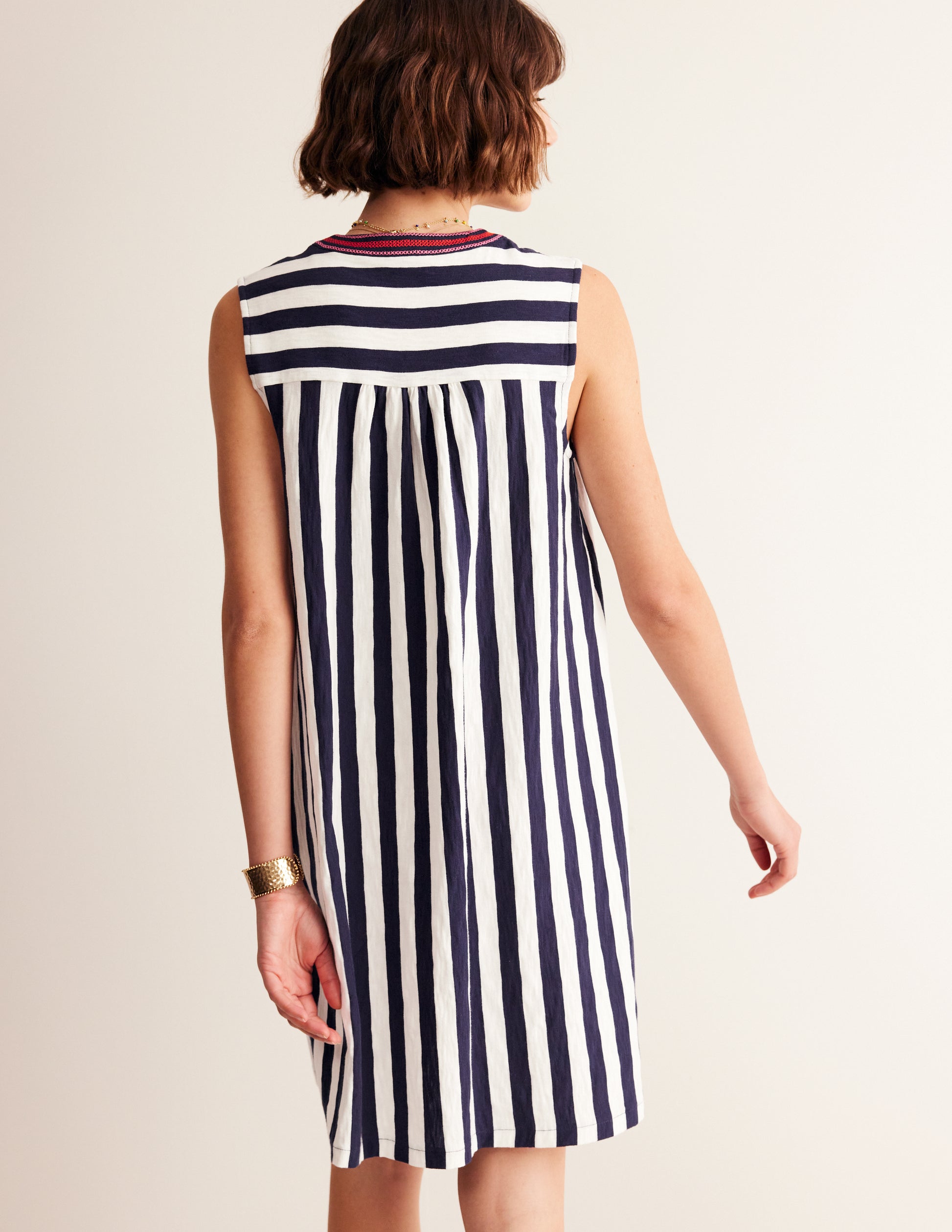 Nadine Notch Cotton Dress-Navy, Ivory Stripe-3