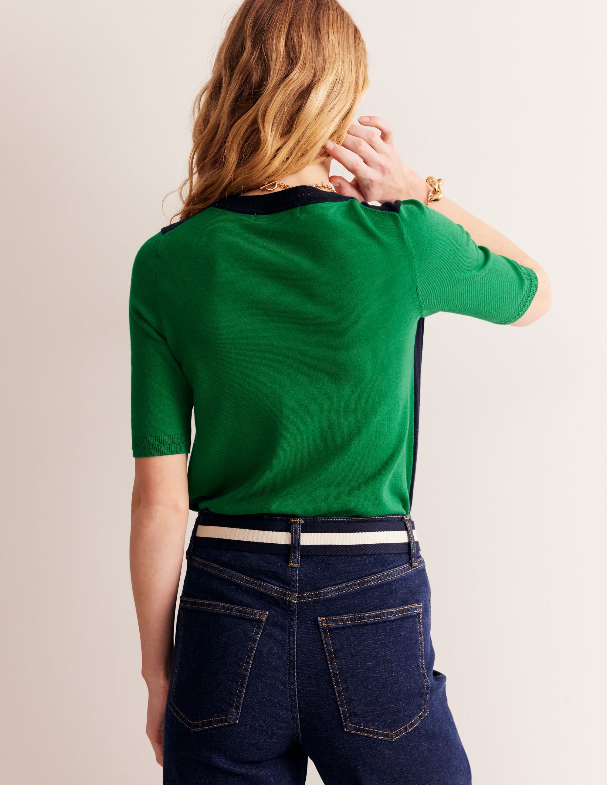 Catriona Cotton Crew T-shirt-Navy/ Rich Emerald - Image 3