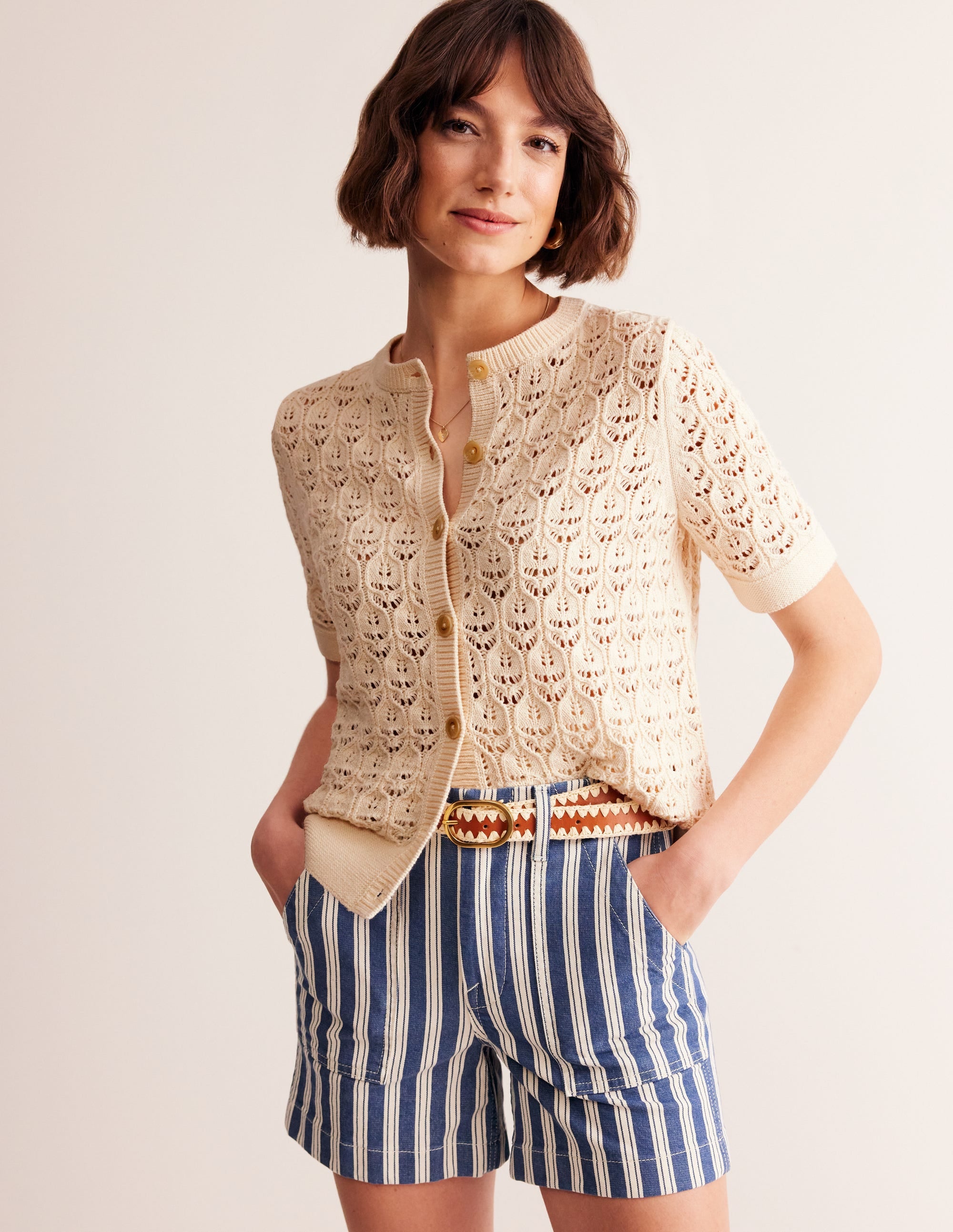 Short Sleeve Crochet Cardigan-Warm Ivory - Image 1