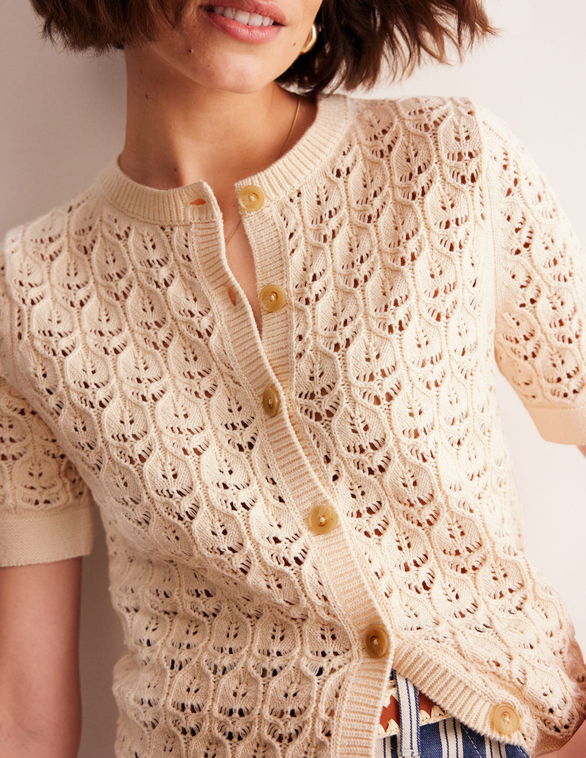 Short Sleeve Crochet Cardigan-Warm Ivory - Image 2