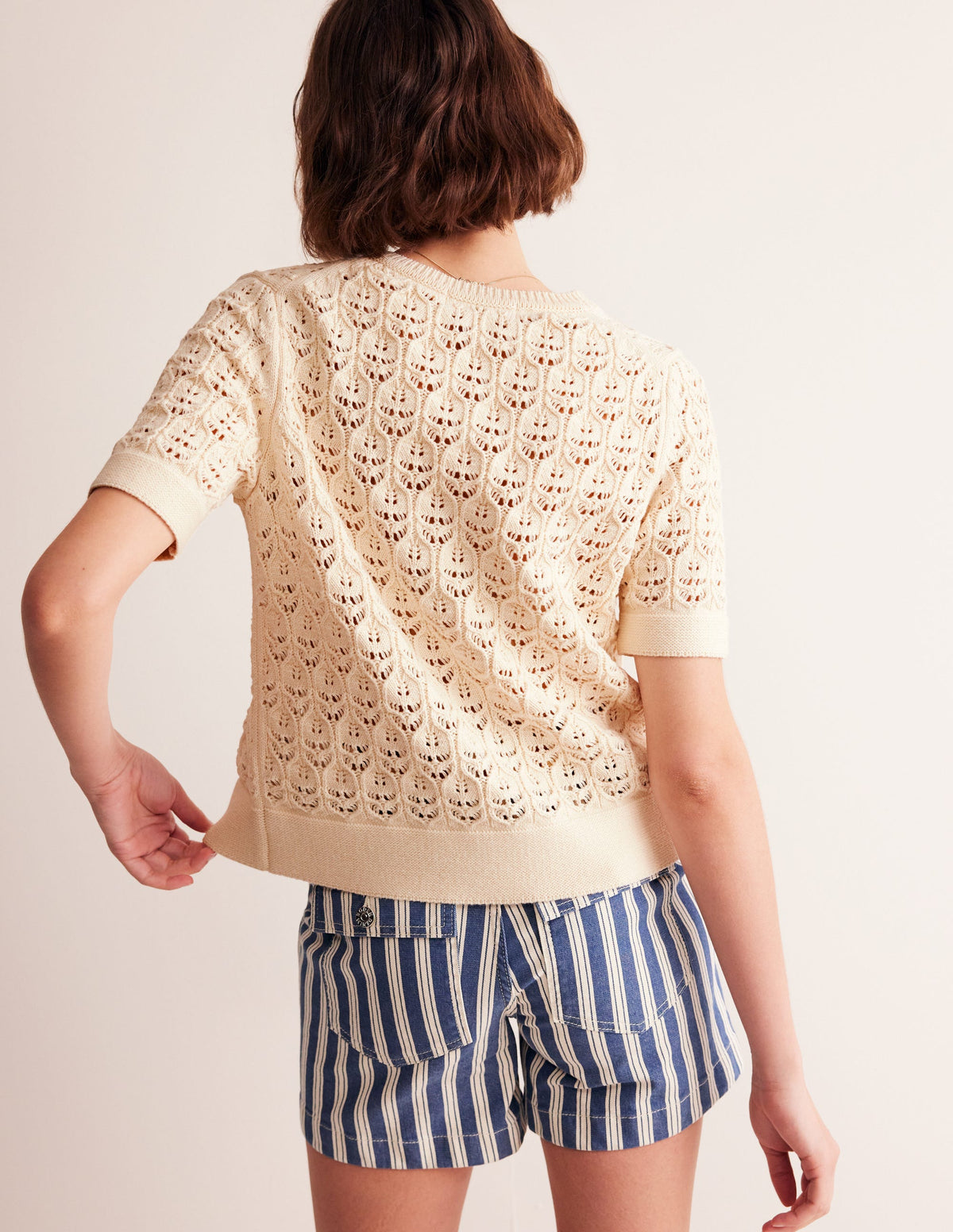 Short Sleeve Crochet Cardigan-Warm Ivory - Image 3