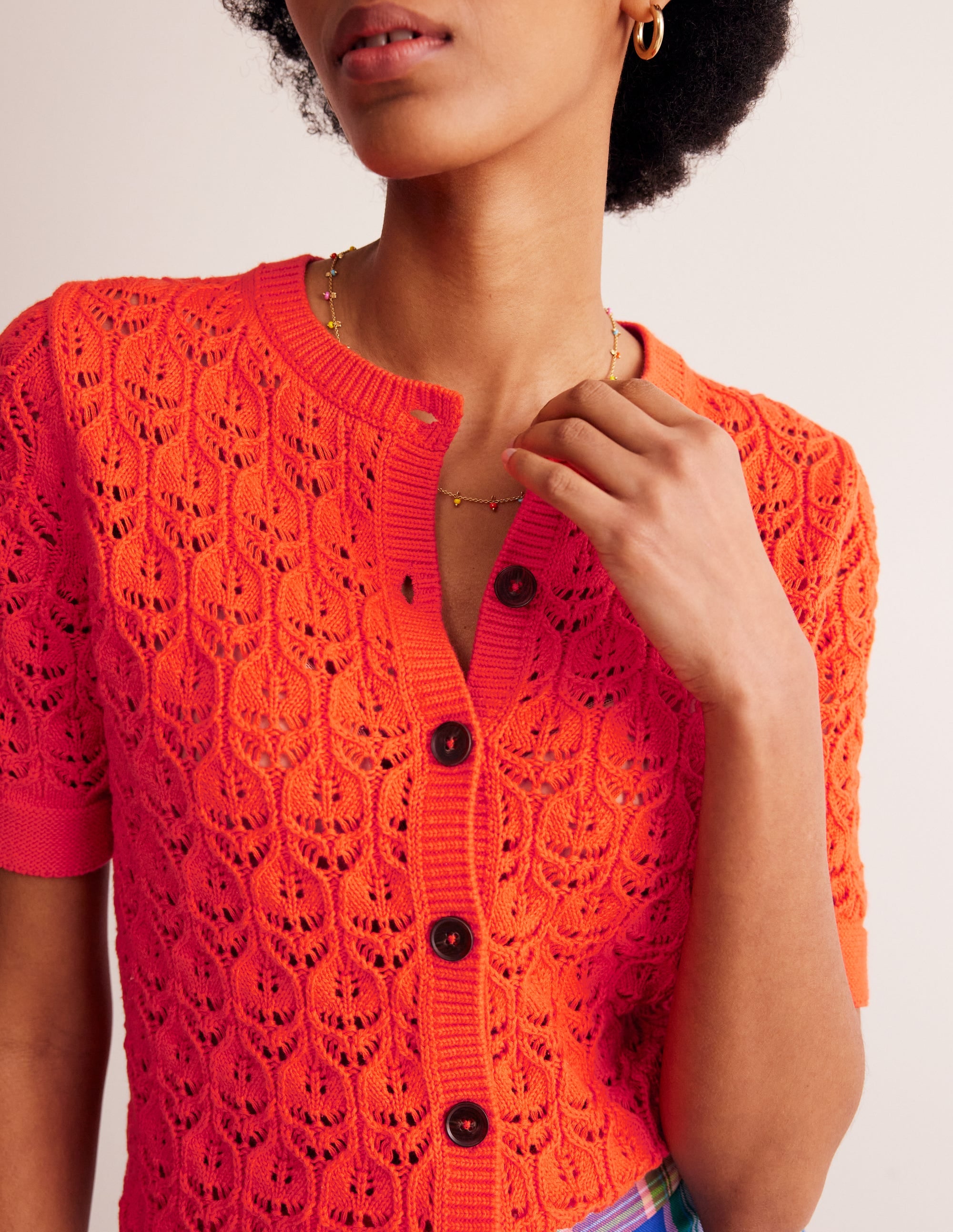 Short Sleeve Crochet Cardigan-Gladioli Orange - Image 2