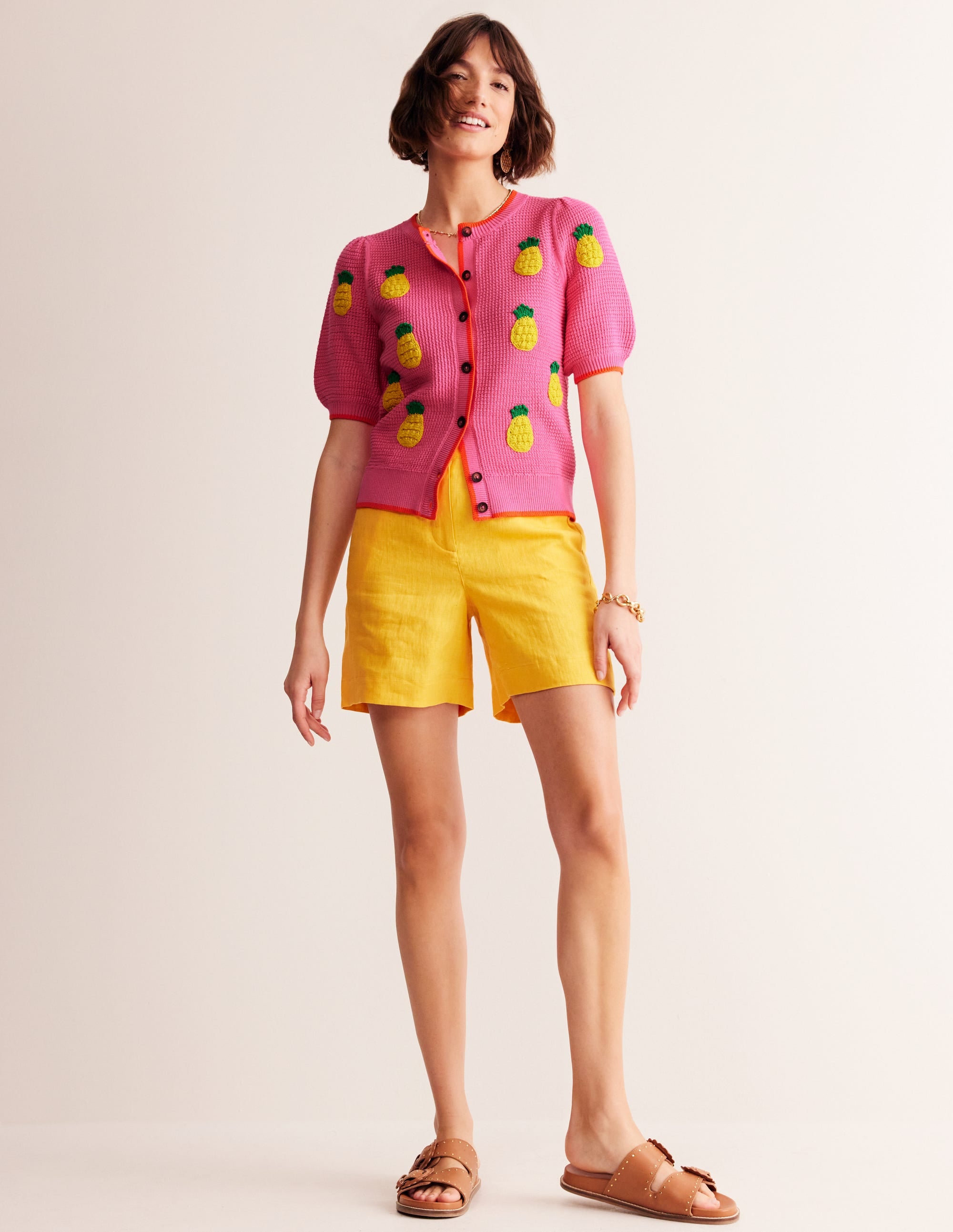 Embroidered T-Shirt Cardigan-Party Pink, Pineapples - Image 4