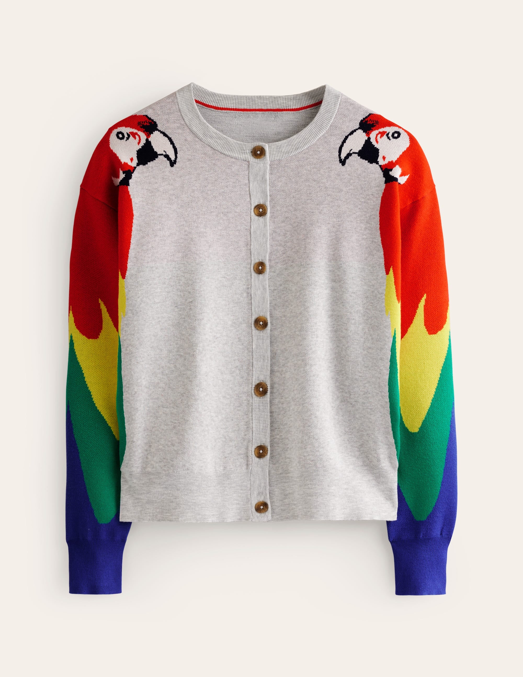 Novelty Knitted Cardigan-Pale Grey Melange, Parrots - Image 6