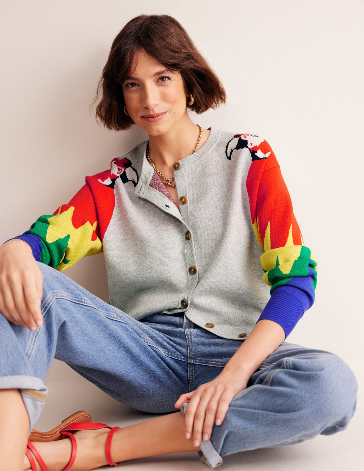 Novelty Knitted Cardigan-Pale Grey Melange, Parrots - Image 1