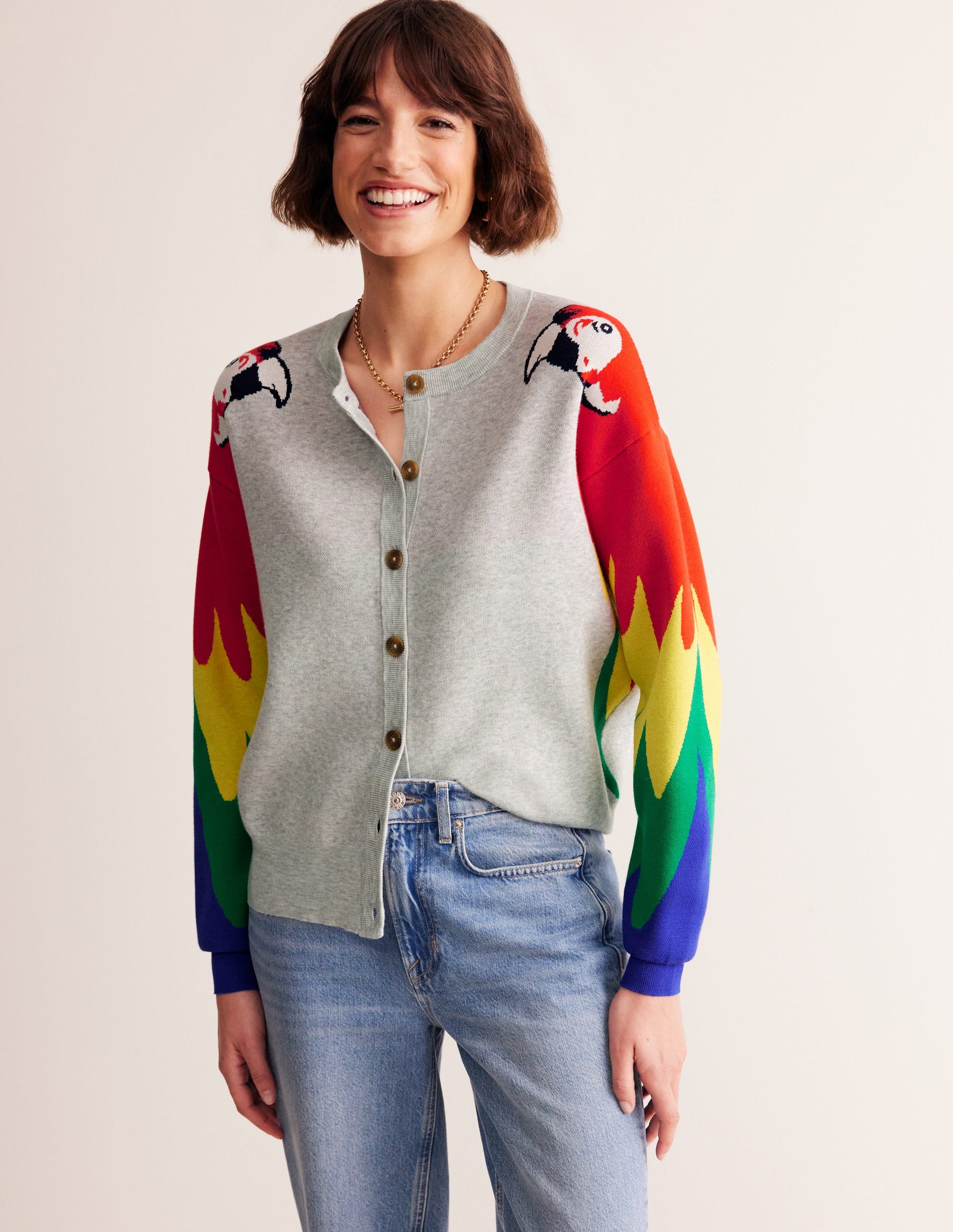 Novelty Knitted Cardigan-Pale Grey Melange, Parrots-4