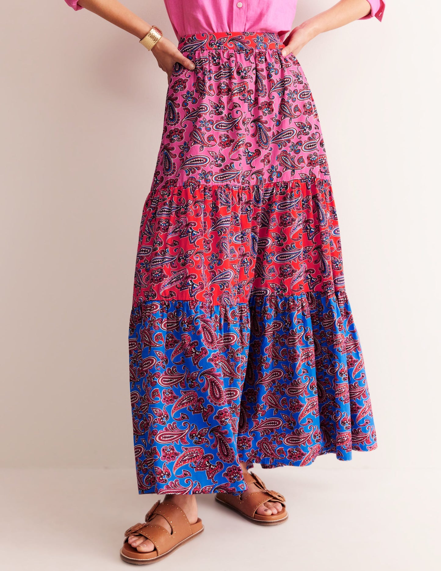 Lorna Tiered Maxi Skirt-Sangria Sunset, Paisley Wave