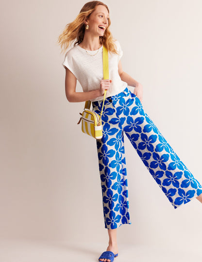 Westbourne Cropped Linen Pants-Indigo Bunting, Floral Tile