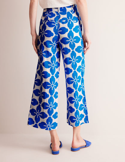 Westbourne Cropped Linen Pants-Indigo Bunting, Floral Tile