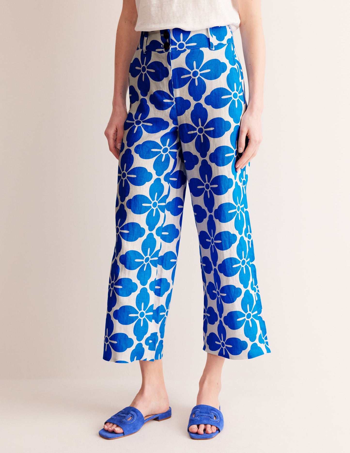 Westbourne Cropped Linen Pants-Indigo Bunting, Floral Tile