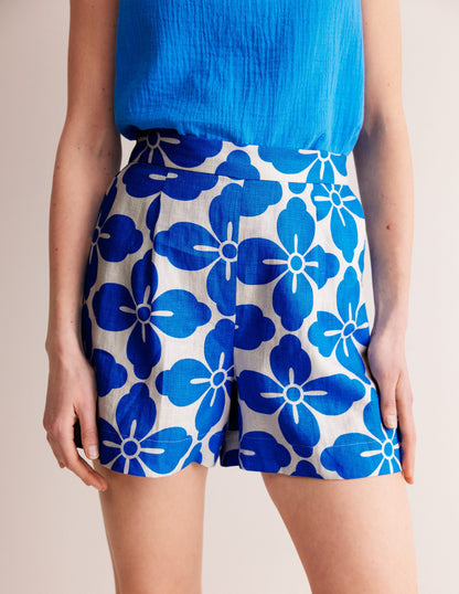 Hampstead Linen Shorts-Indigo Bunting, Floral Tile