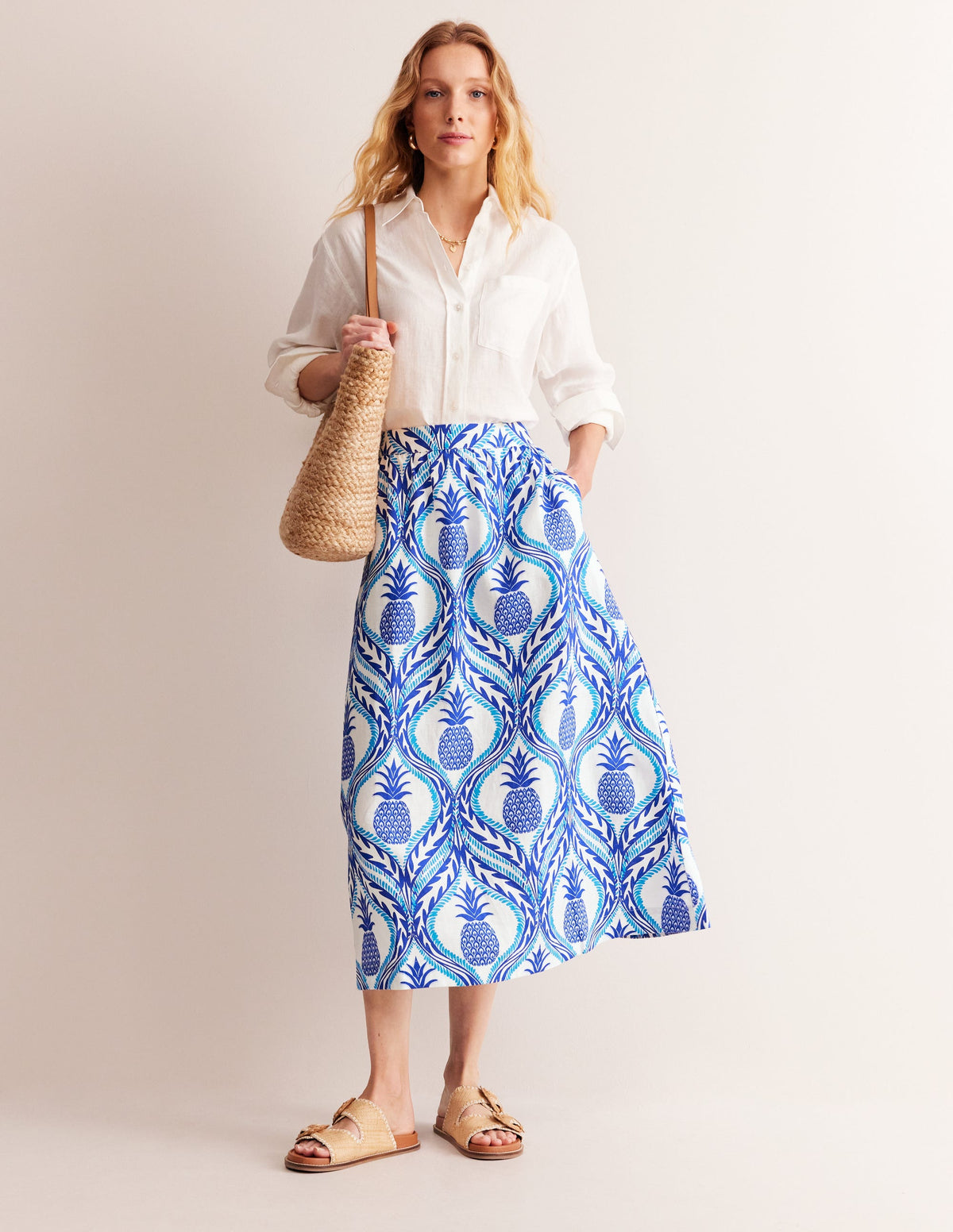 Florence Linen Midi Skirt-Surf the Web, Pineapple Wave - Image 1
