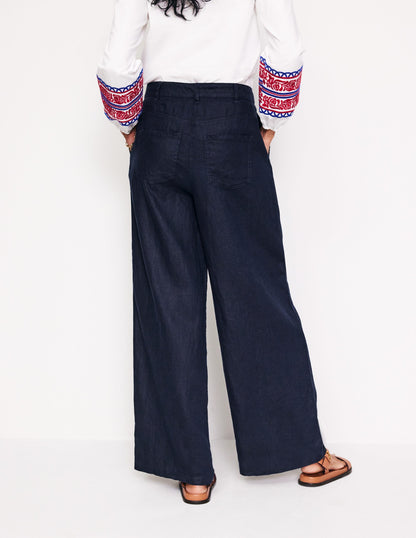 Regent Pleat Linen Pants-Navy