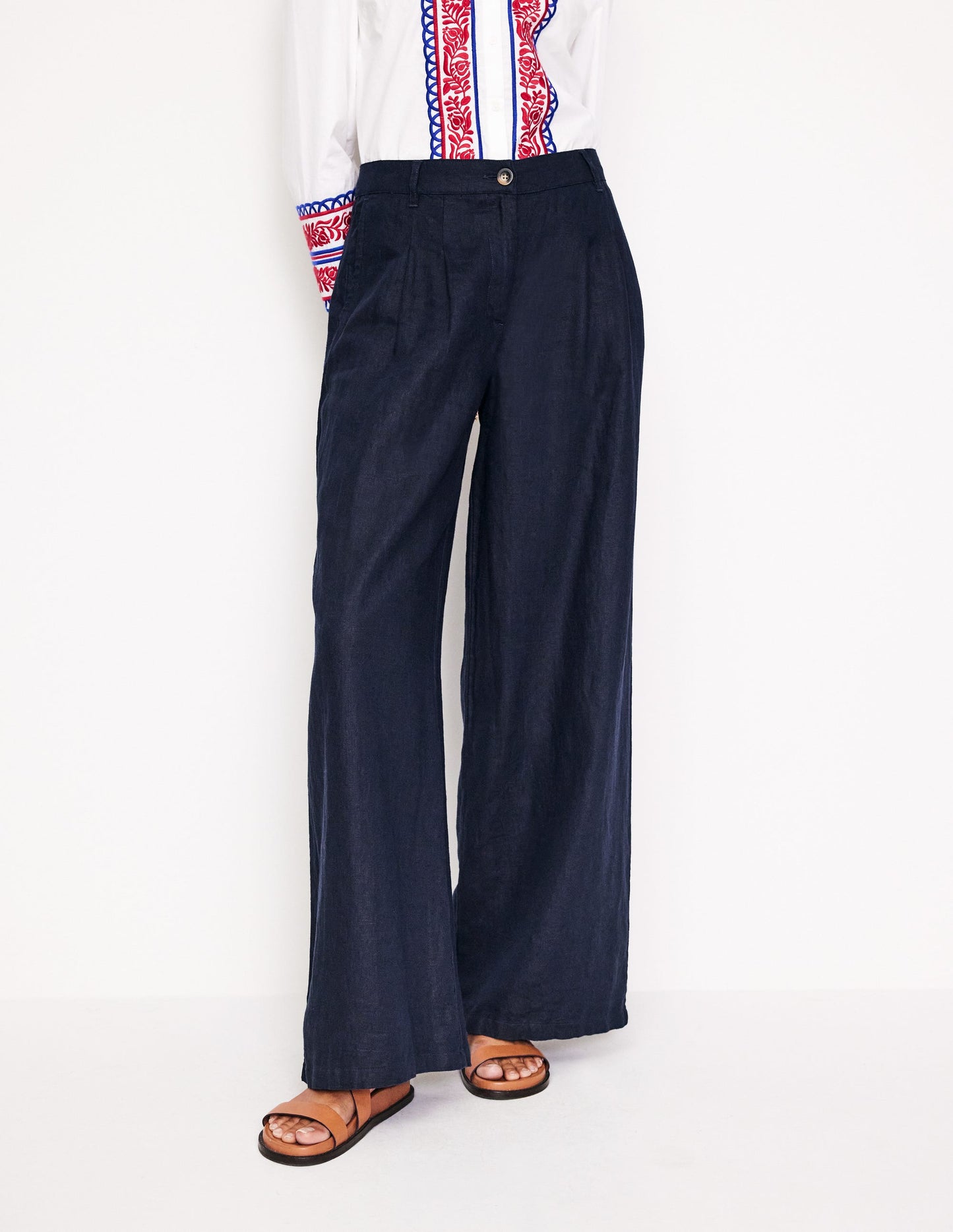 Regent Pleat Linen Pants-Navy