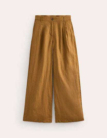 Regent Pleat Linen Pants-Bronze Brown