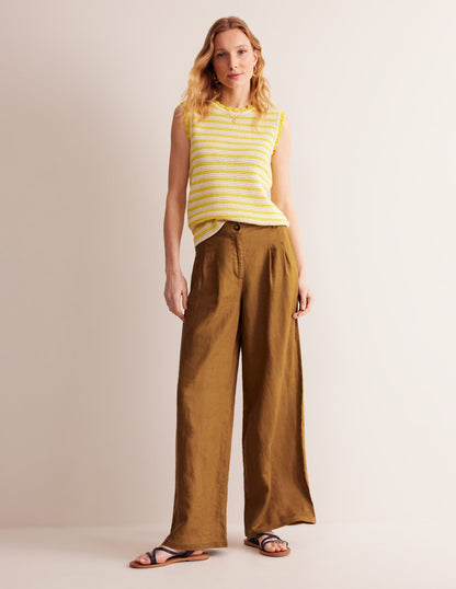 Regent Pleat Linen Pants-Bronze Brown