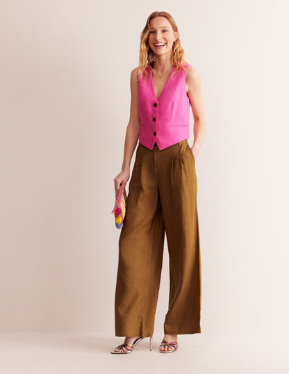 Regent Pleat Linen Pants-Bronze Brown