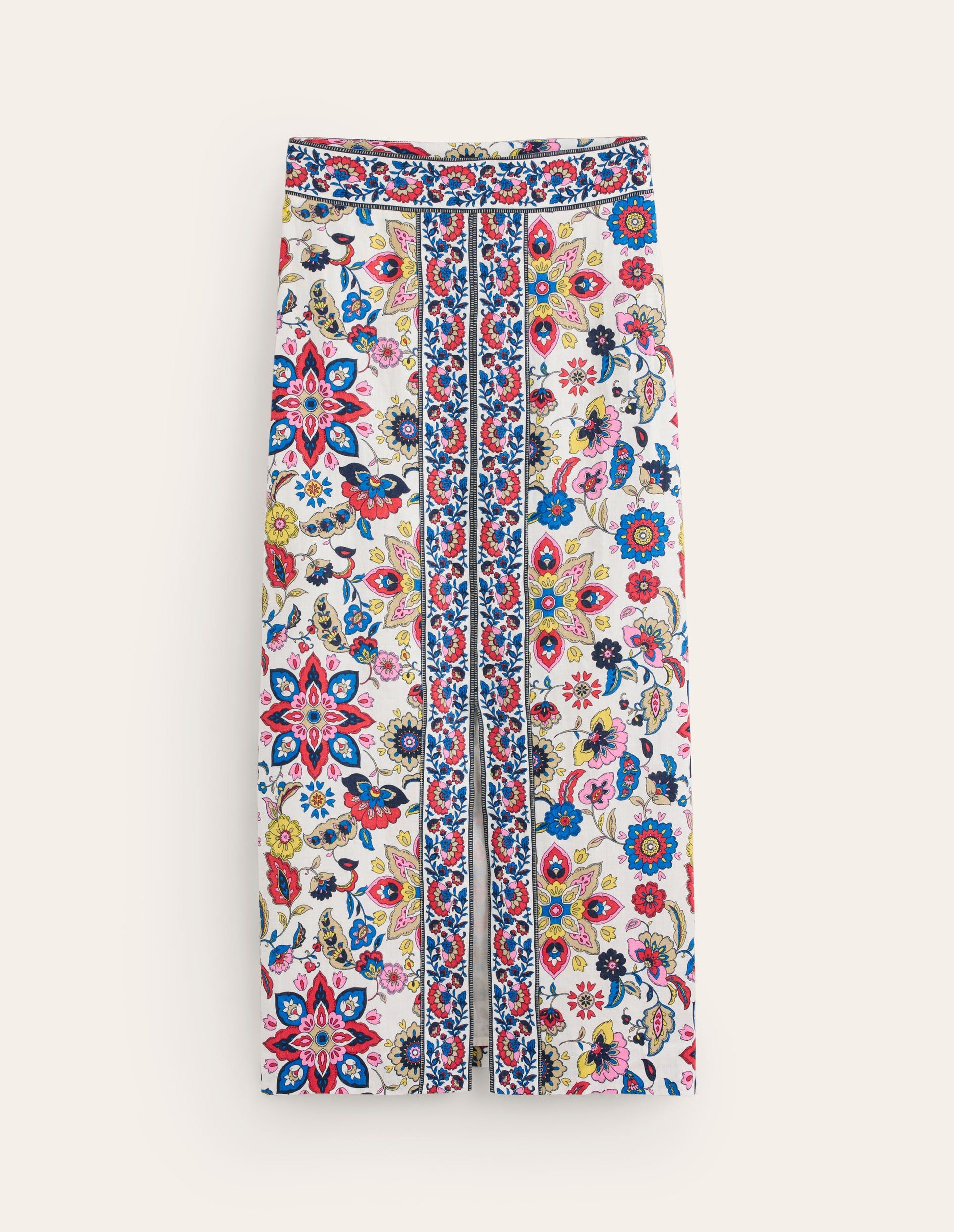 Split Front Column Linen Skirt-Ivory, Floral-7