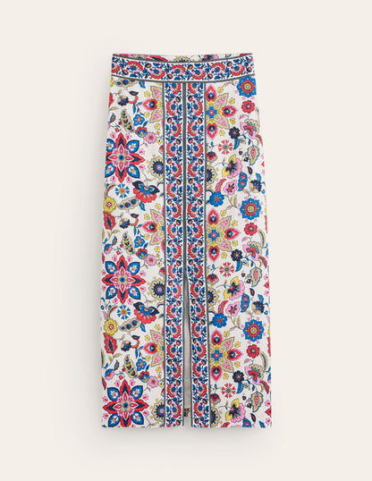 Split Front Column Linen Skirt-Ivory, Floral-7