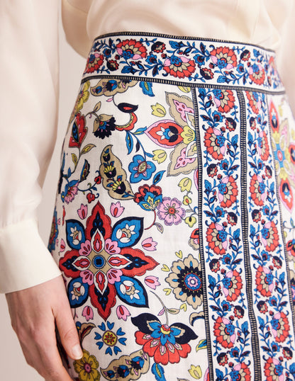 Split Front Column Linen Skirt-Ivory, Floral-2