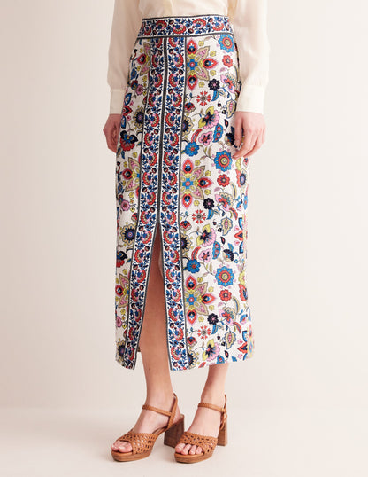 Split Front Column Linen Skirt-Ivory, Floral-4
