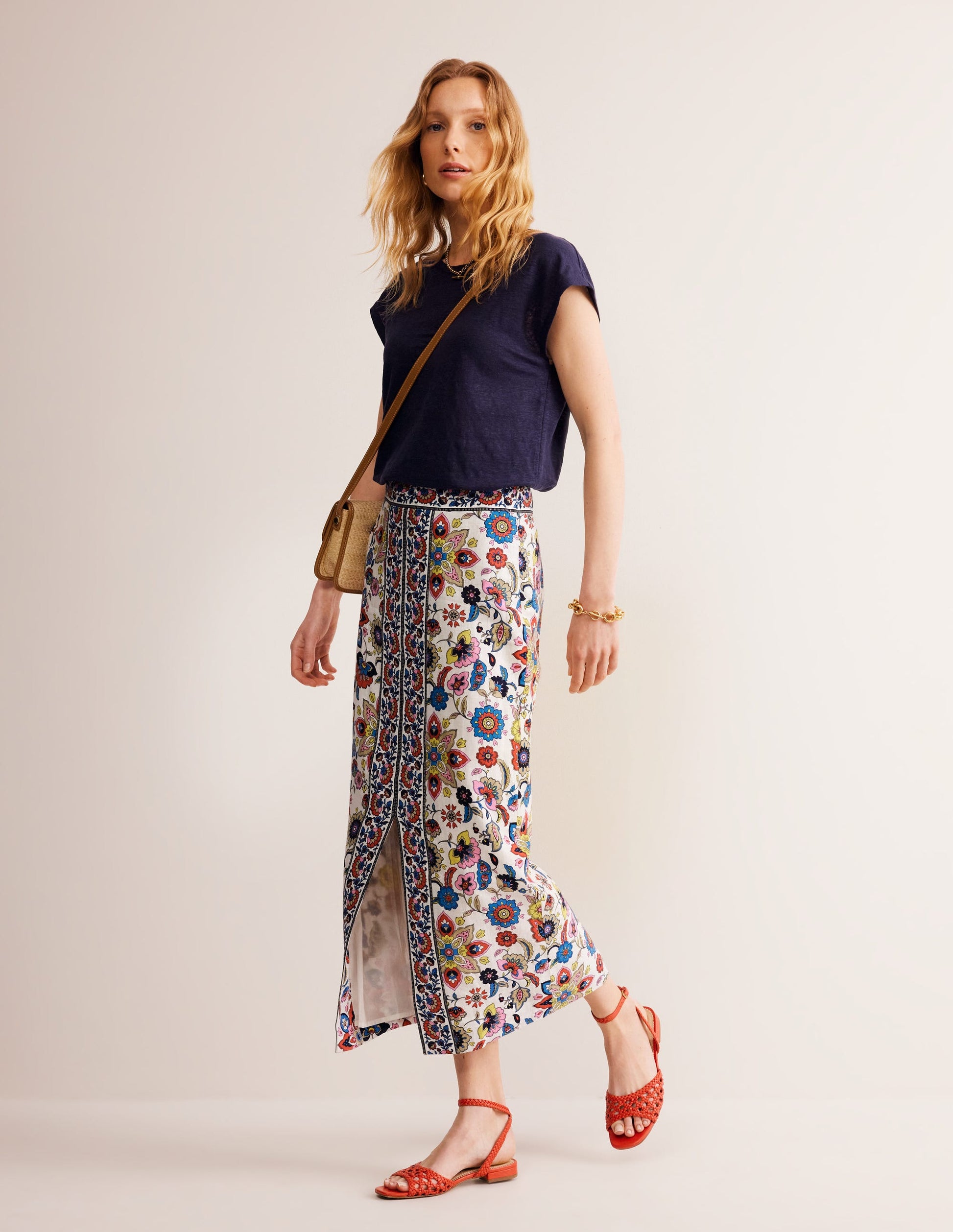 Split Front Column Linen Skirt-Ivory, Floral-6