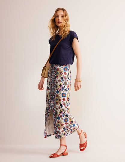 Split Front Column Linen Skirt-Ivory, Floral-6