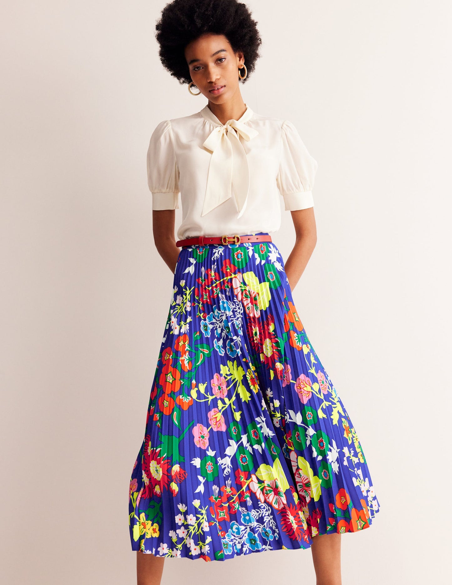Pleated Midi Skirt-Blue, Wildflower Cluster