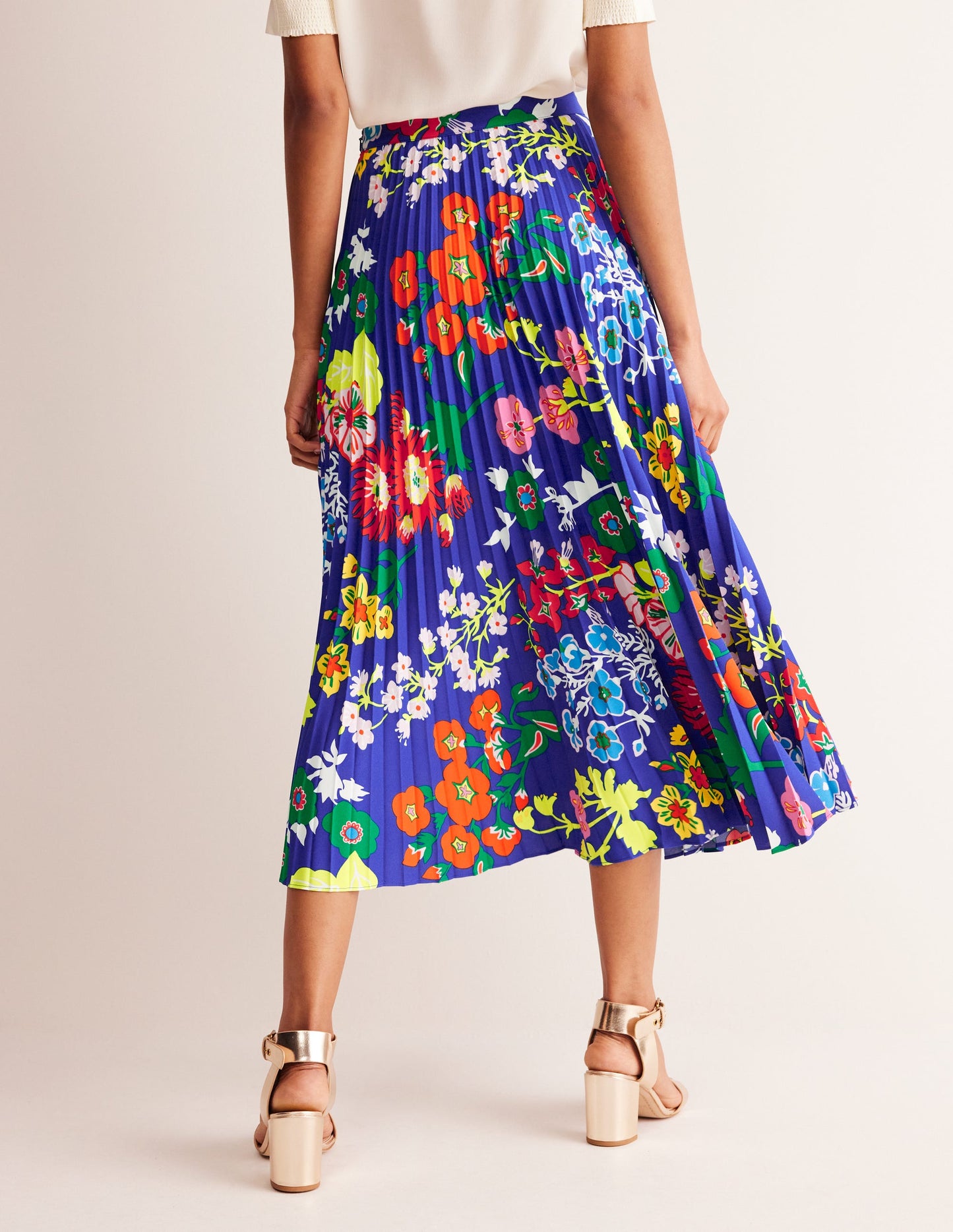 Pleated Midi Skirt-Blue, Wildflower Cluster