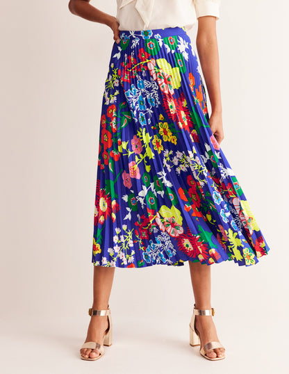 Pleated Midi Skirt-Blue, Wildflower Cluster-4
