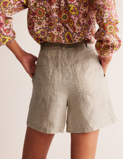 Pleated Linen Shorts-Neutral Metallic