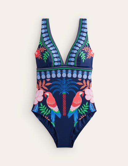 Porto V-Neck Swimsuit-French Navy Parrots