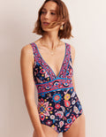 Porto V-neck Swimsuit-Mandarin Red, Botanical Sprig