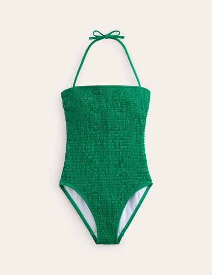 Milos Smocked Bandeau Swimsuit-Green Pepper