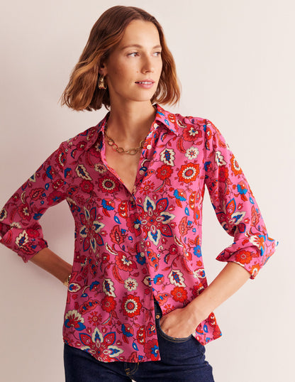 Sienna Silk Shirt-Pink, Botanical Wave