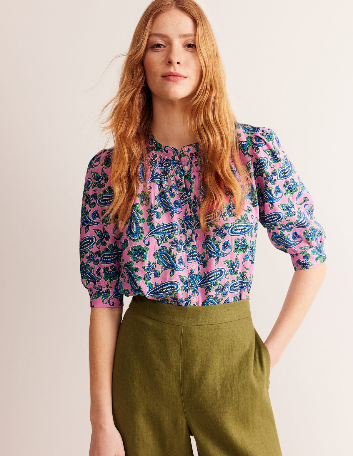 Ada Linen Top-Rose Damask, Paisley Wave - Image 1