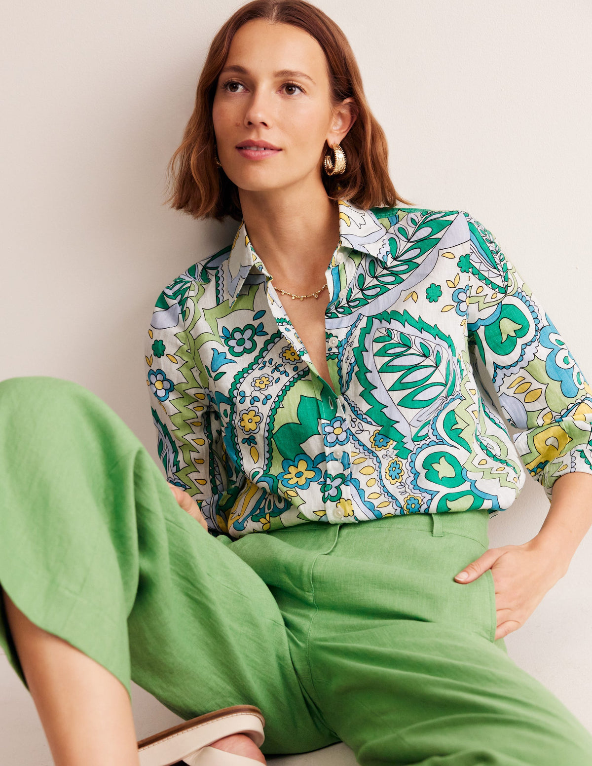 Sienna Linen Shirt-Emerald, Foliage Paisley - Image 4