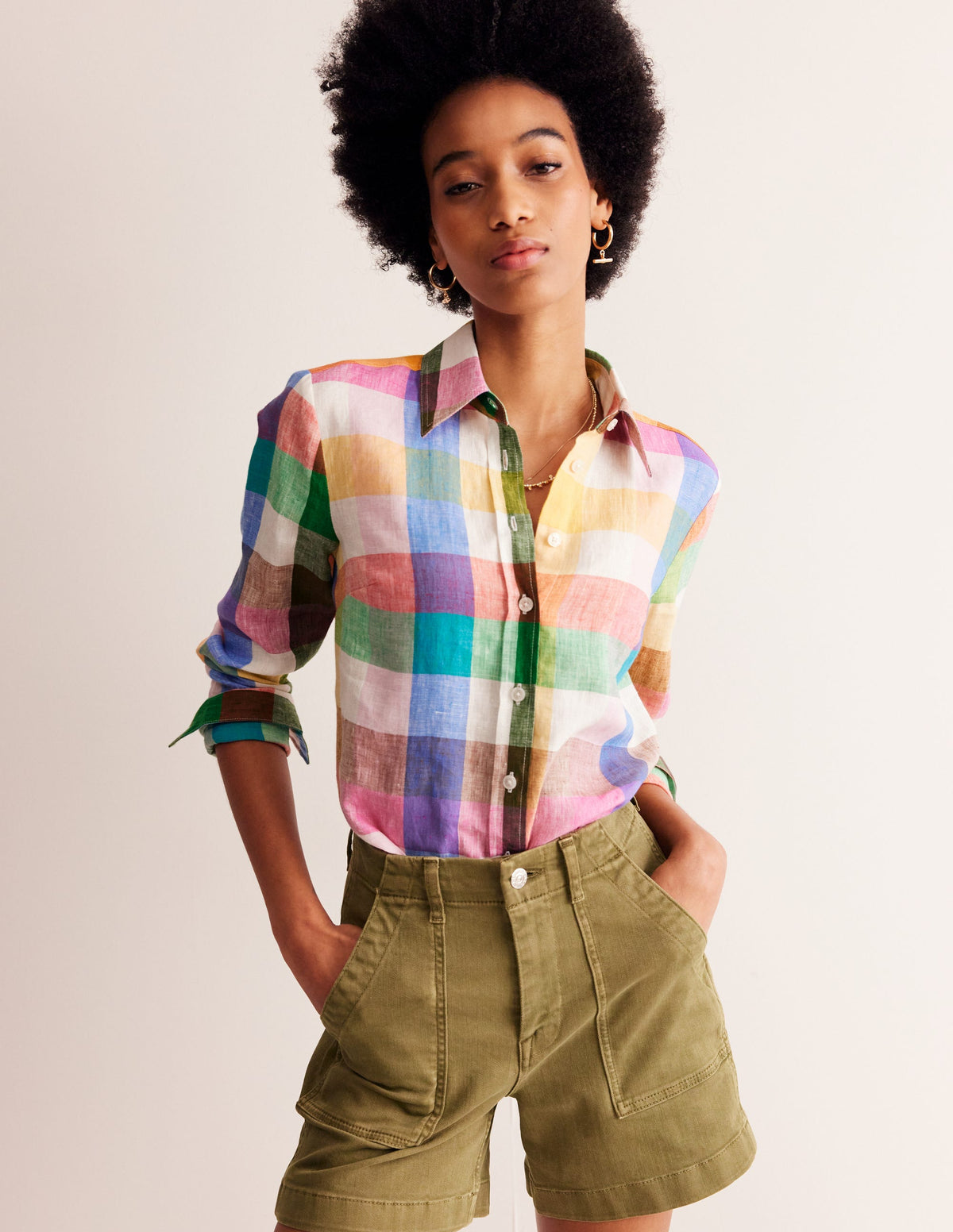 Sienna Linen Shirt-Bright Neon, Multi Gingham - Image 4