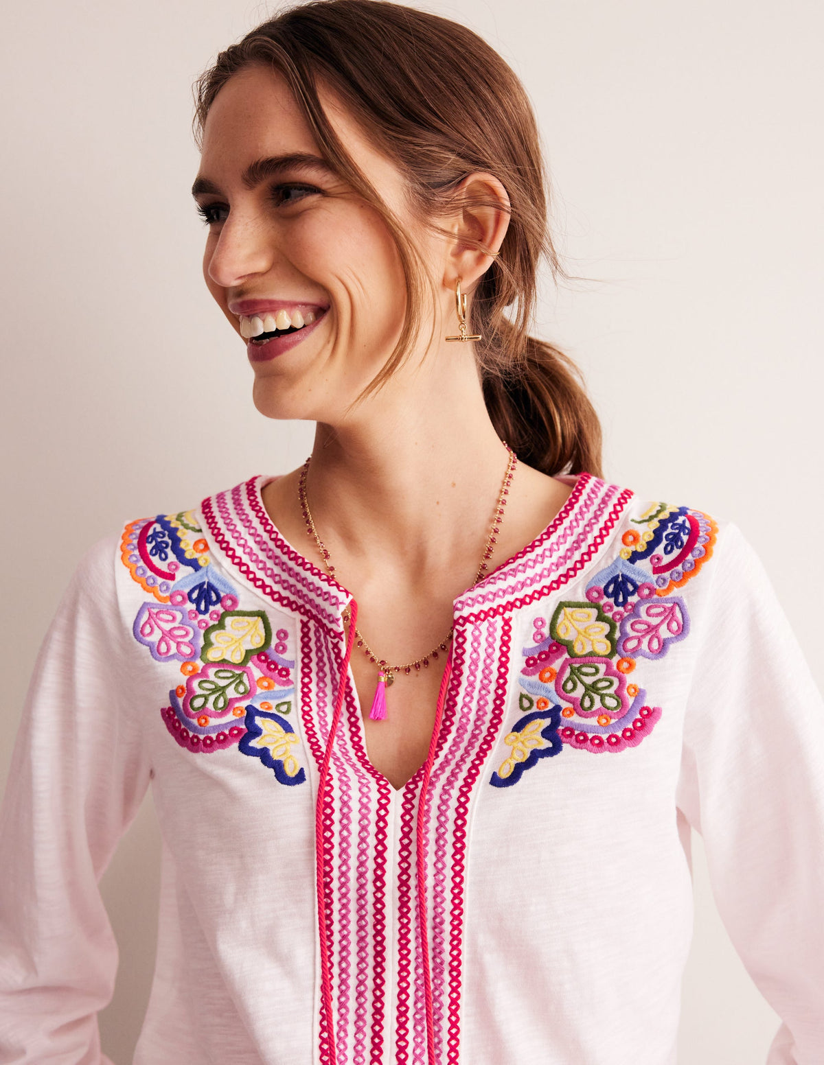 Diana Embroidered Tie Neck Top-White Embroidery - Image 1