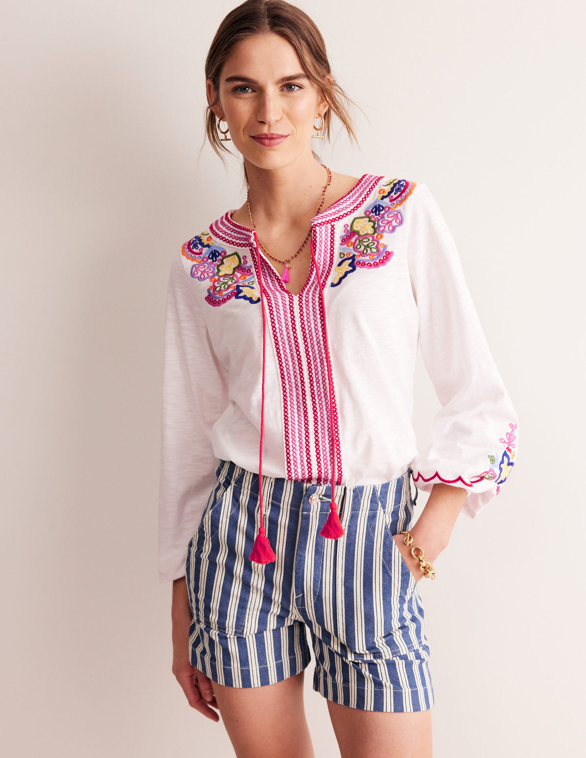 Diana Embroidered Tie Neck Top-White Embroidery - Image 2