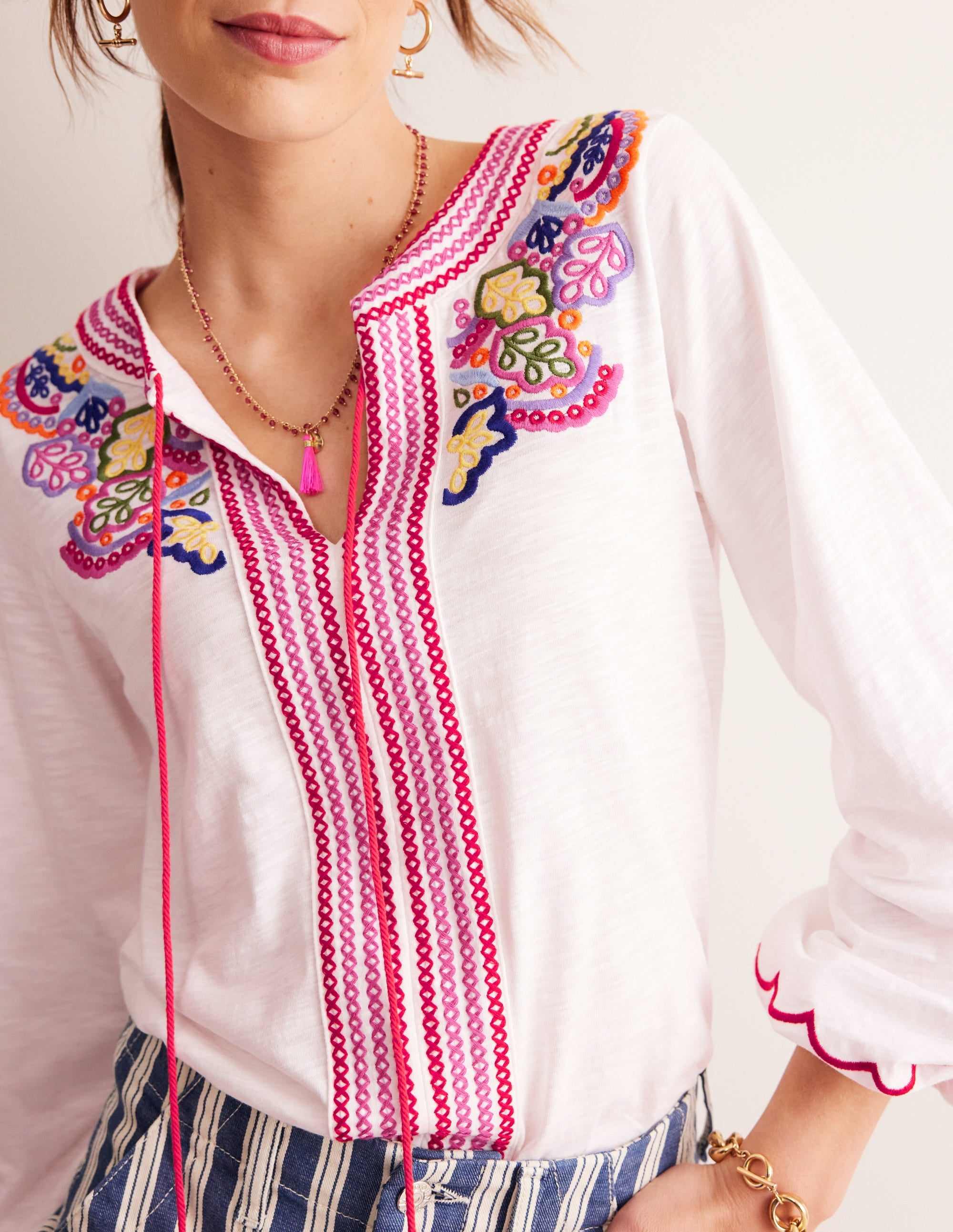 Diana Embroidered Tie Neck Top-White Embroidery - Image 4