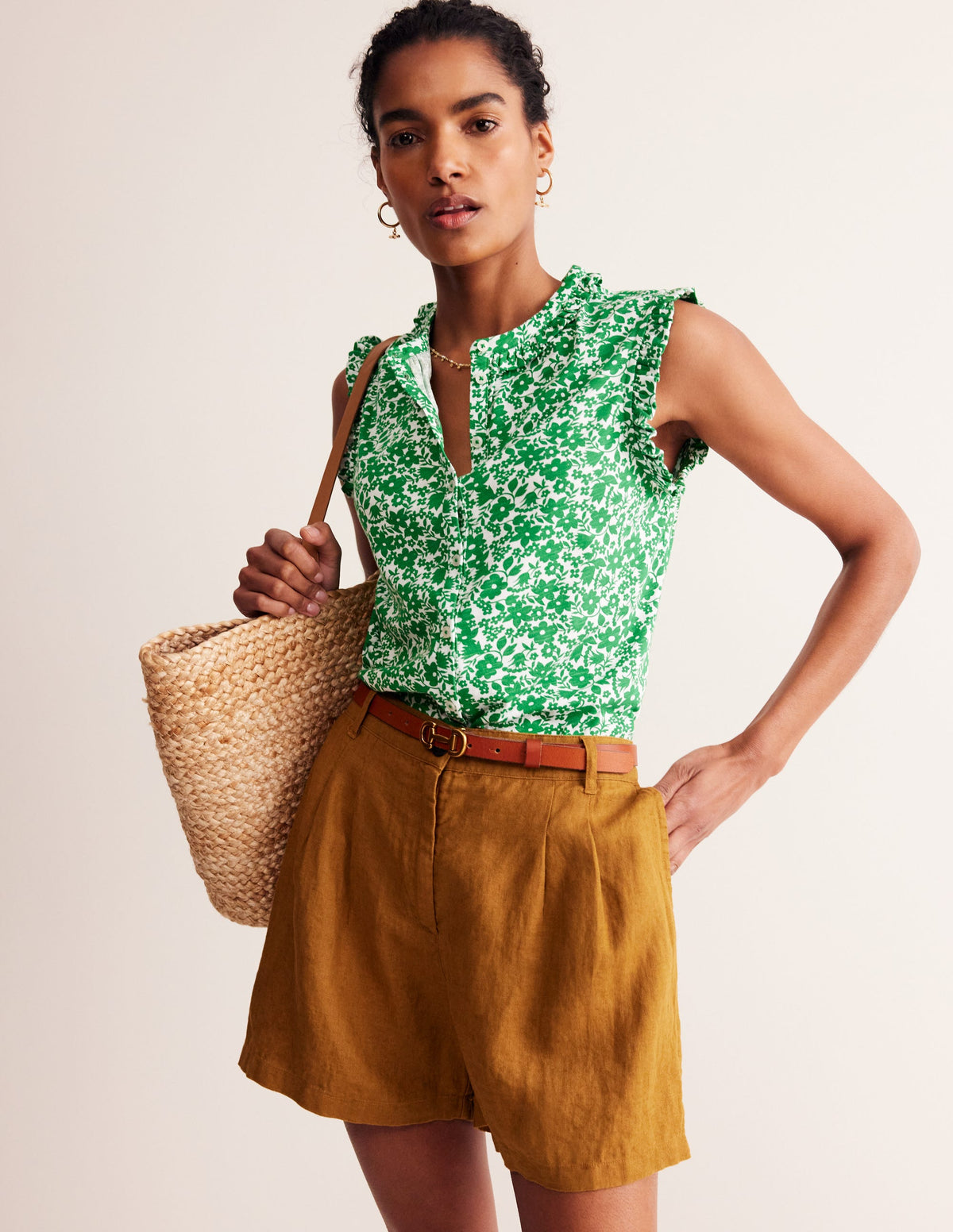 Olive Sleeveless Shirt-Green Tambourine, Tulip Garden - Image 1
