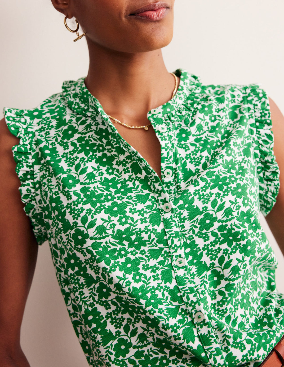 Olive Sleeveless Shirt-Green Tambourine, Tulip Garden - Image 2