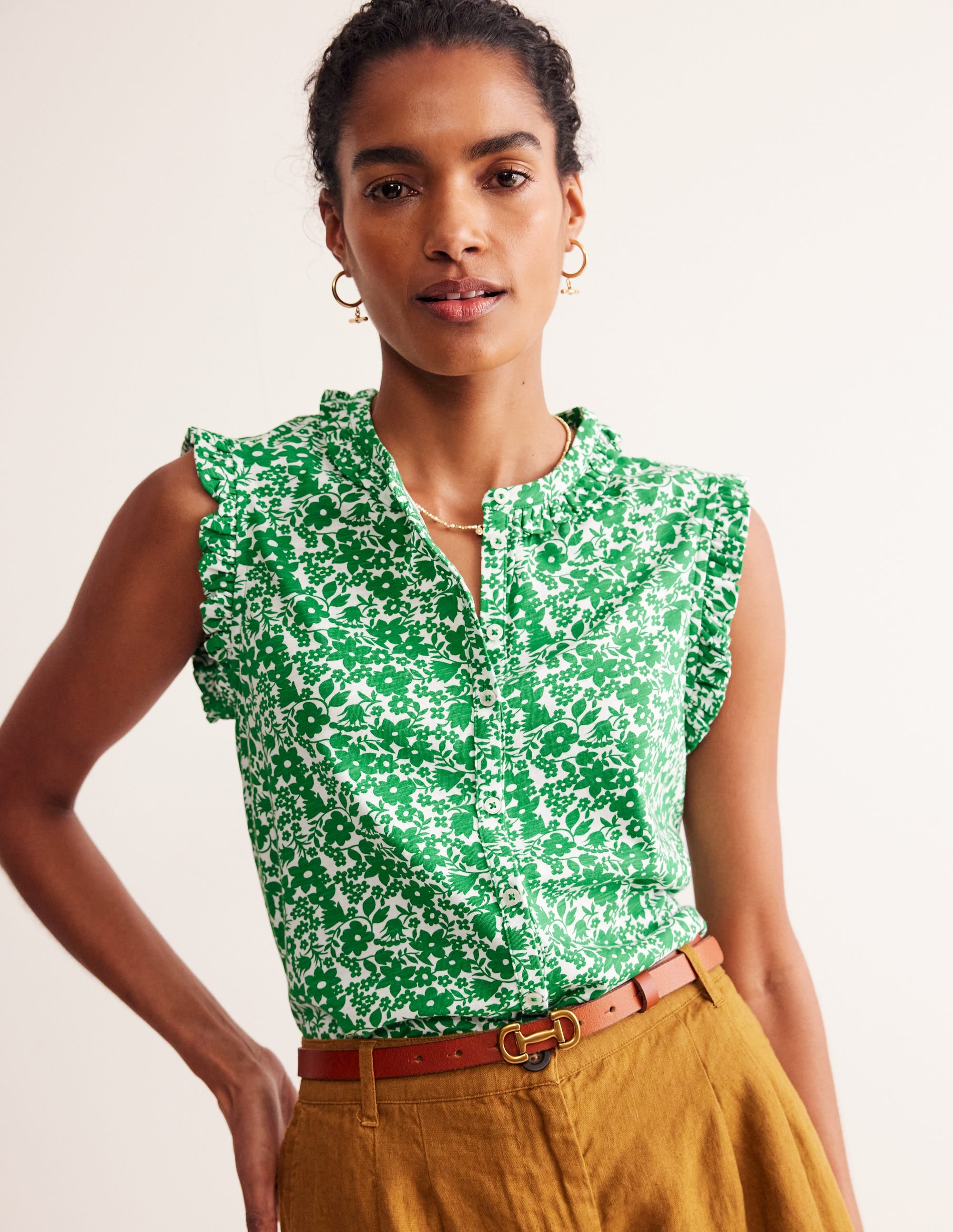 Olive Sleeveless Shirt-Green Tambourine, Tulip Garden - Image 4